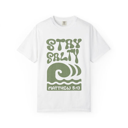 Stay Salty Matthew 5:13 t-shirt with retro wave design in sage green christian graphic