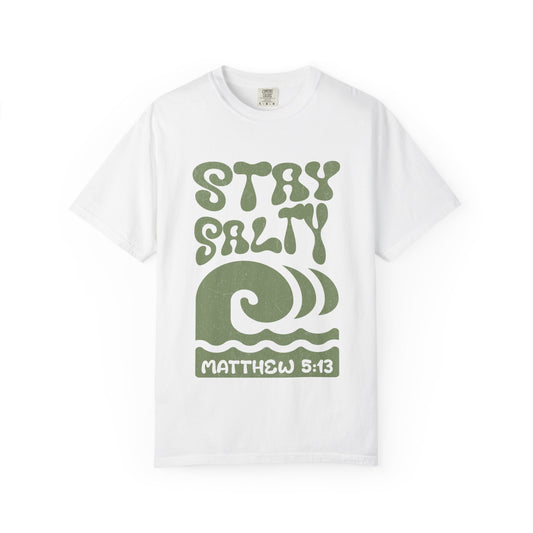 Stay Salty Matthew 5:13 t-shirt with retro wave design in sage green christian graphic