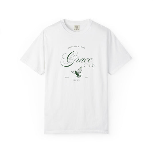 T-shirt with Grace Club text, dove symbol, and Redeemed + Loved message in elegant green design
