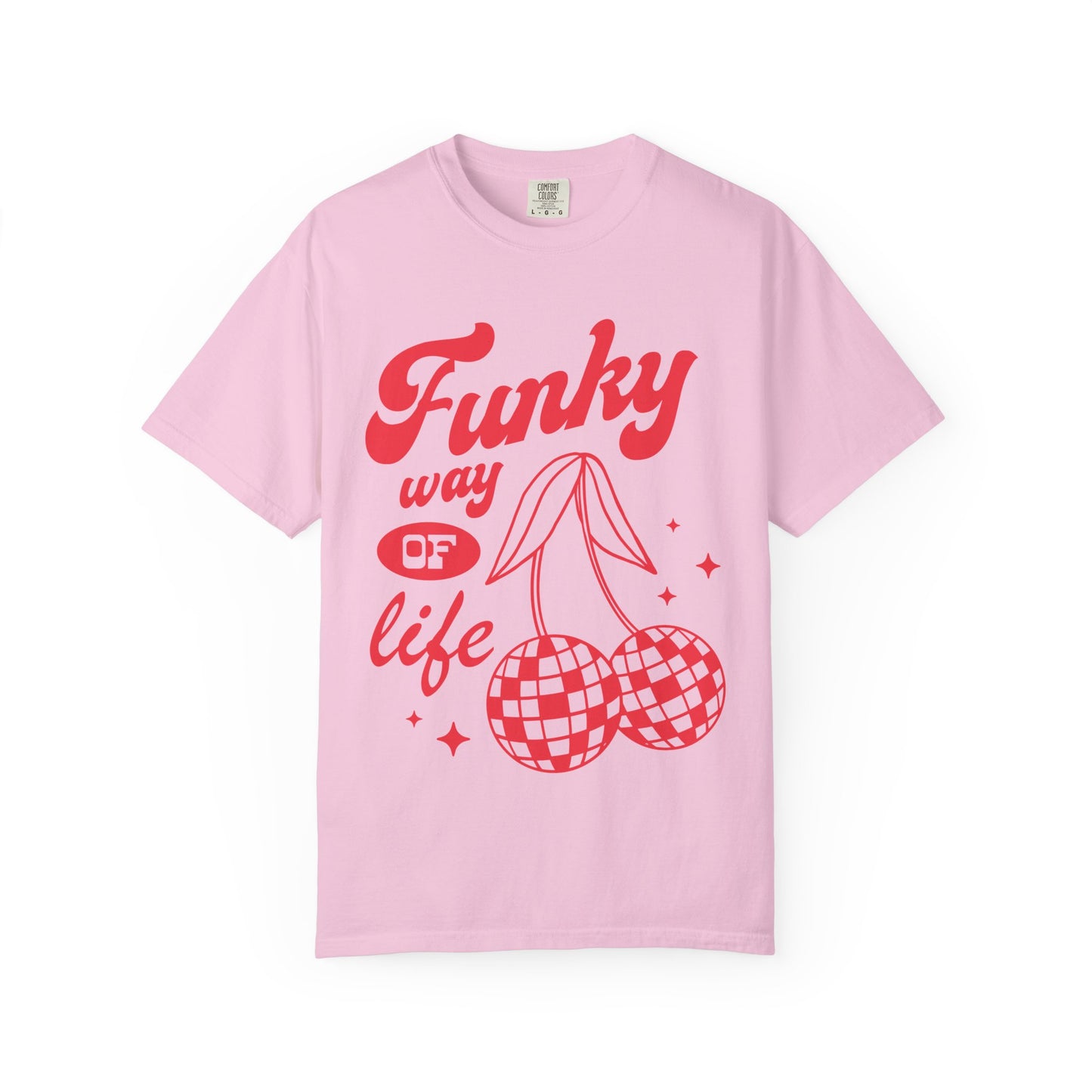 T-shirt with red retro cherry design featuring checkered disco ball cherries and funky typography