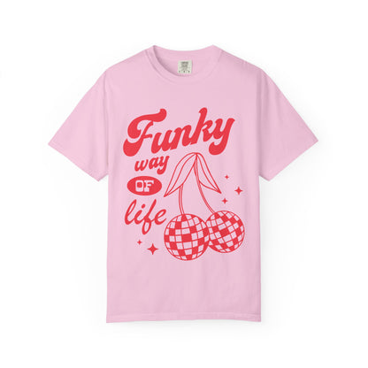 T-shirt with red retro cherry design featuring checkered disco ball cherries and funky typography