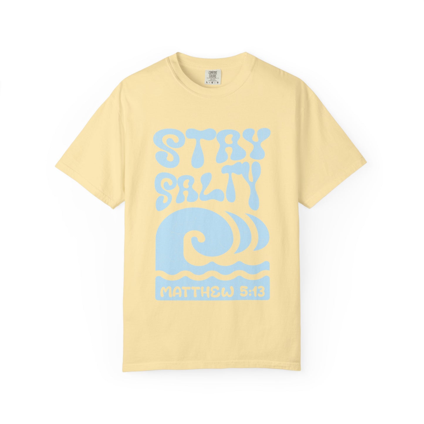 Christian t-shirt with 'Stay Salty' text and ocean wave design referencing Matthew 5:13