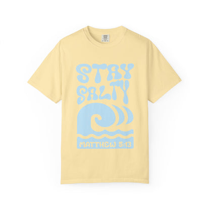 Christian t-shirt with 'Stay Salty' text and ocean wave design referencing Matthew 5:13