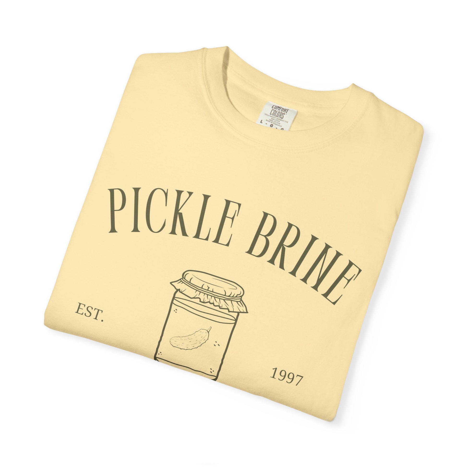 T-shirt with vintage pickle brine social club design featuring mason jar with pickle illustration