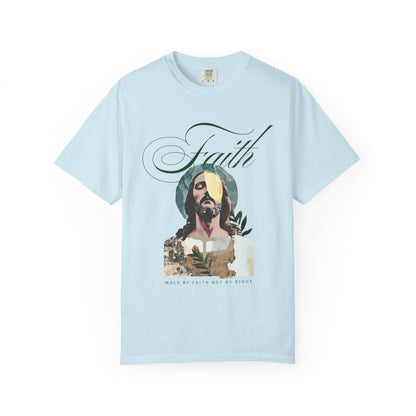 Jesus t-shirt with artistic collage design featuring Christ's face and Walk By Faith Not By Sight text