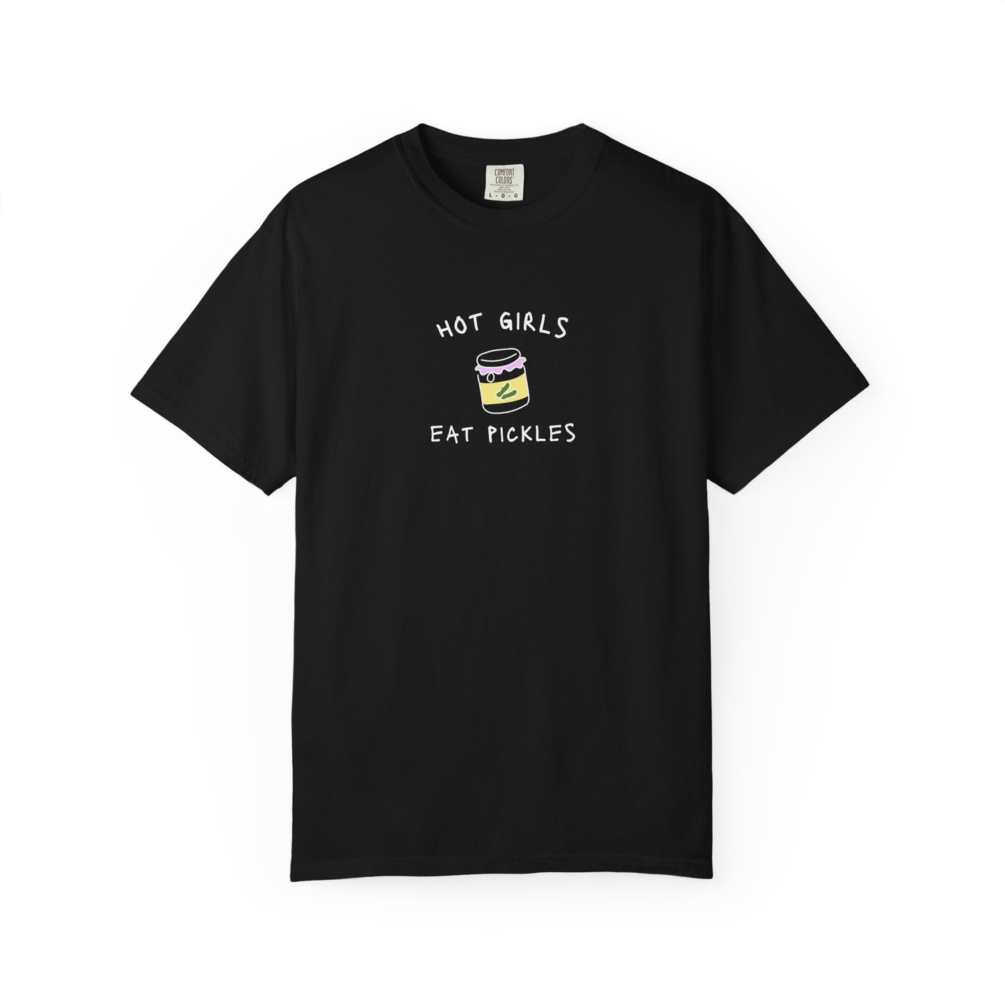 T-shirt with 'Hot Girls Eat Pickles' text and cute pickle jar illustration in pink and yellow