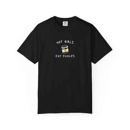 T-shirt with 'Hot Girls Eat Pickles' text and cute pickle jar illustration in pink and yellow