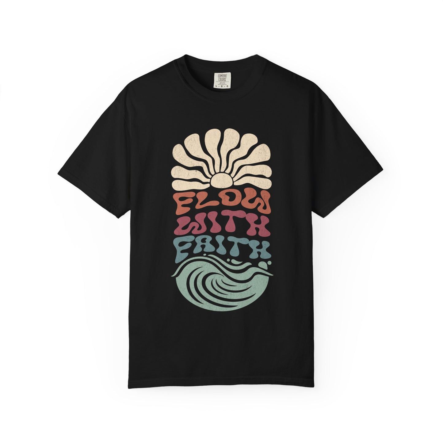 T-shirt with Flow With Faith text in groovy wavy font with retro sunset and wave design