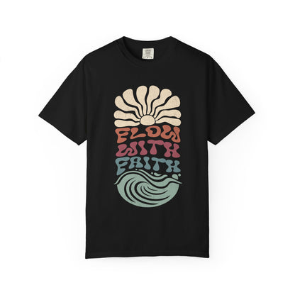 T-shirt with Flow With Faith text in groovy wavy font with retro sunset and wave design