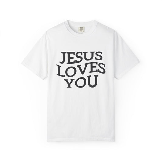 T-shirt with bold black text reading 'JESUS LOVES YOU' in large serif typography