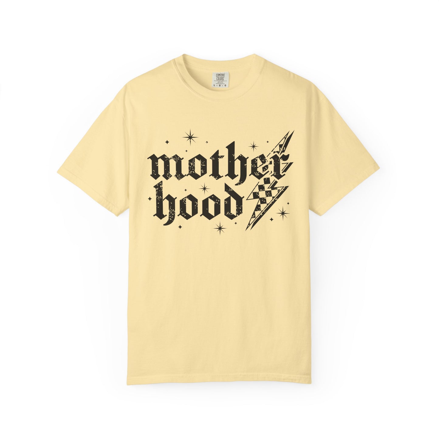 T-shirt with gothic Mother Hood text, lightning bolt graphics, and checkerboard pattern elements