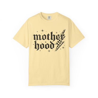 T-shirt with gothic Mother Hood text, lightning bolt graphics, and checkerboard pattern elements