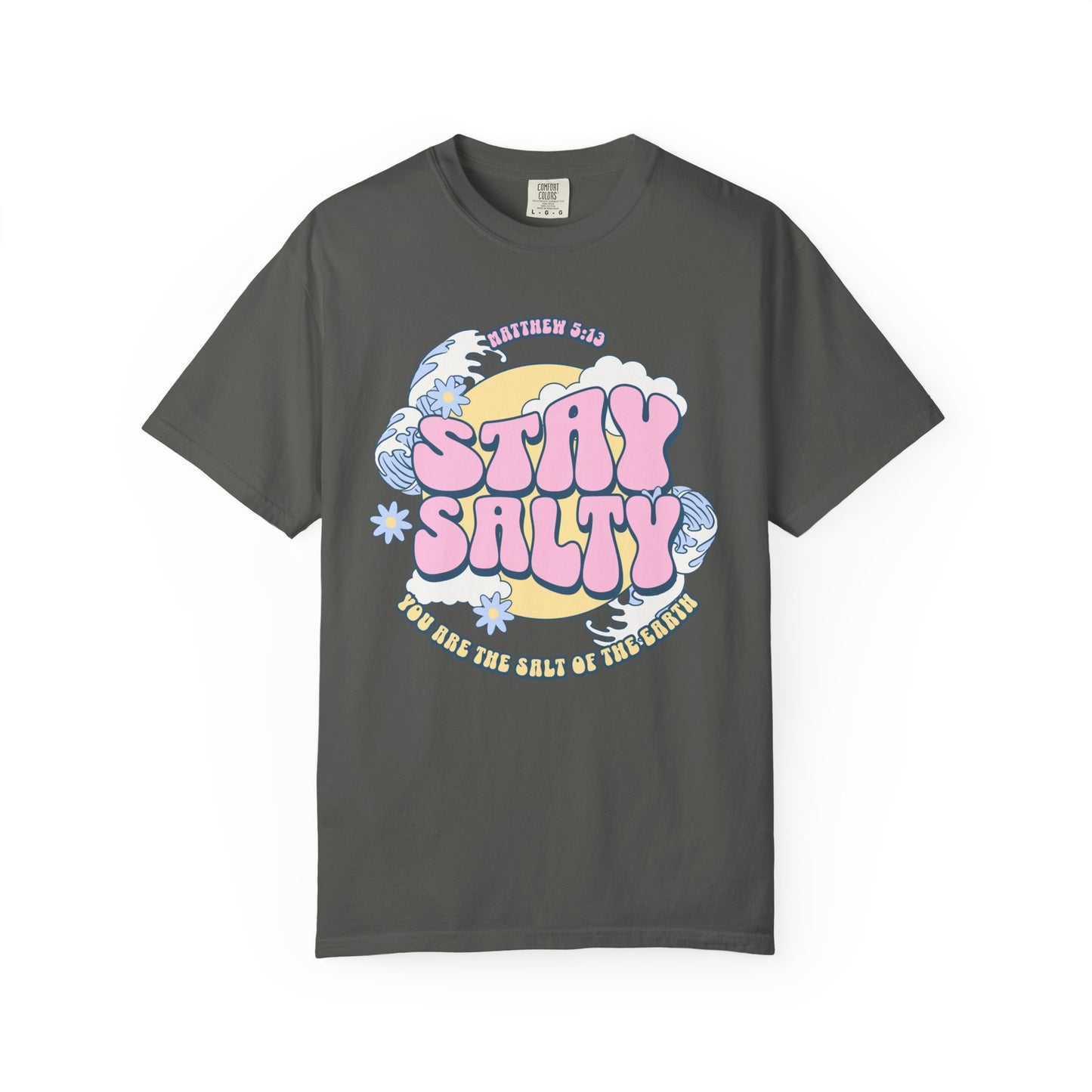 Christian t-shirt with pink 'Stay Salty' text, Matthew 5:13 verse, ocean waves and daisy flowers