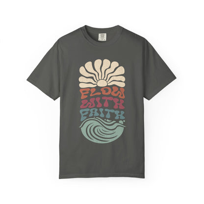 T-shirt with Flow With Faith text in groovy wavy font with retro sunset and wave design