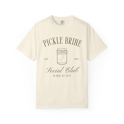 T-shirt with vintage pickle brine social club design featuring mason jar with pickle illustration