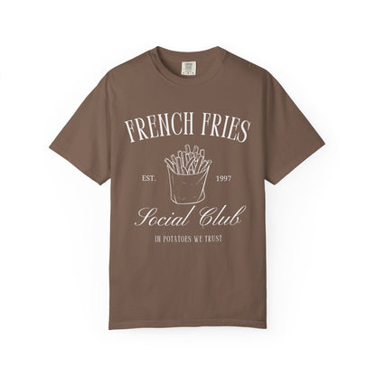 T-shirt with French Fries Social Club design featuring hand-drawn fries illustration and vintage typography