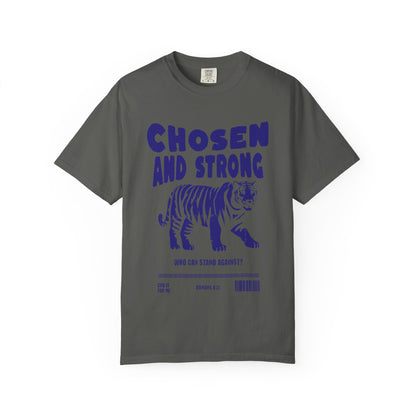 Christian t-shirt with tiger graphic and 'Chosen and Strong' text featuring Romans 8:31 verse