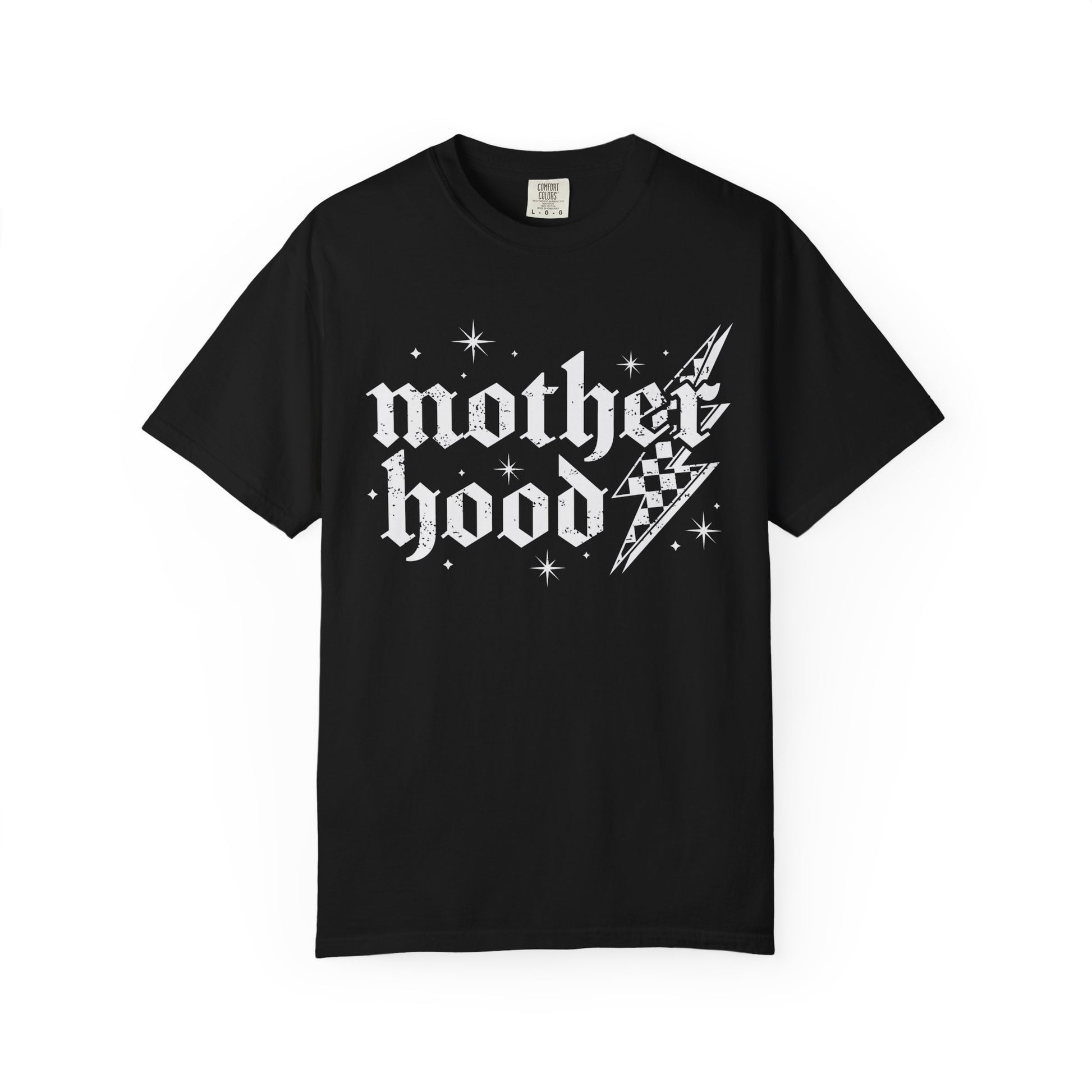 T-shirt with gothic Mother Hood text, lightning bolt graphics, and checkerboard pattern elements