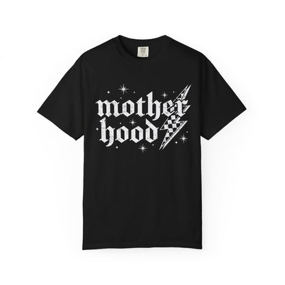 T-shirt with gothic Mother Hood text, lightning bolt graphics, and checkerboard pattern elements