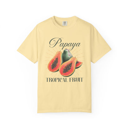 T-shirt featuring watercolor papaya fruits with golden sunburst rays and elegant Papaya script text