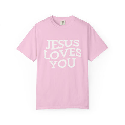 T-shirt with bold black text reading 'JESUS LOVES YOU' in large serif typography