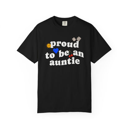 T-shirt with distressed text 'proud to be an auntie' featuring sun, heart, dice and cherries
