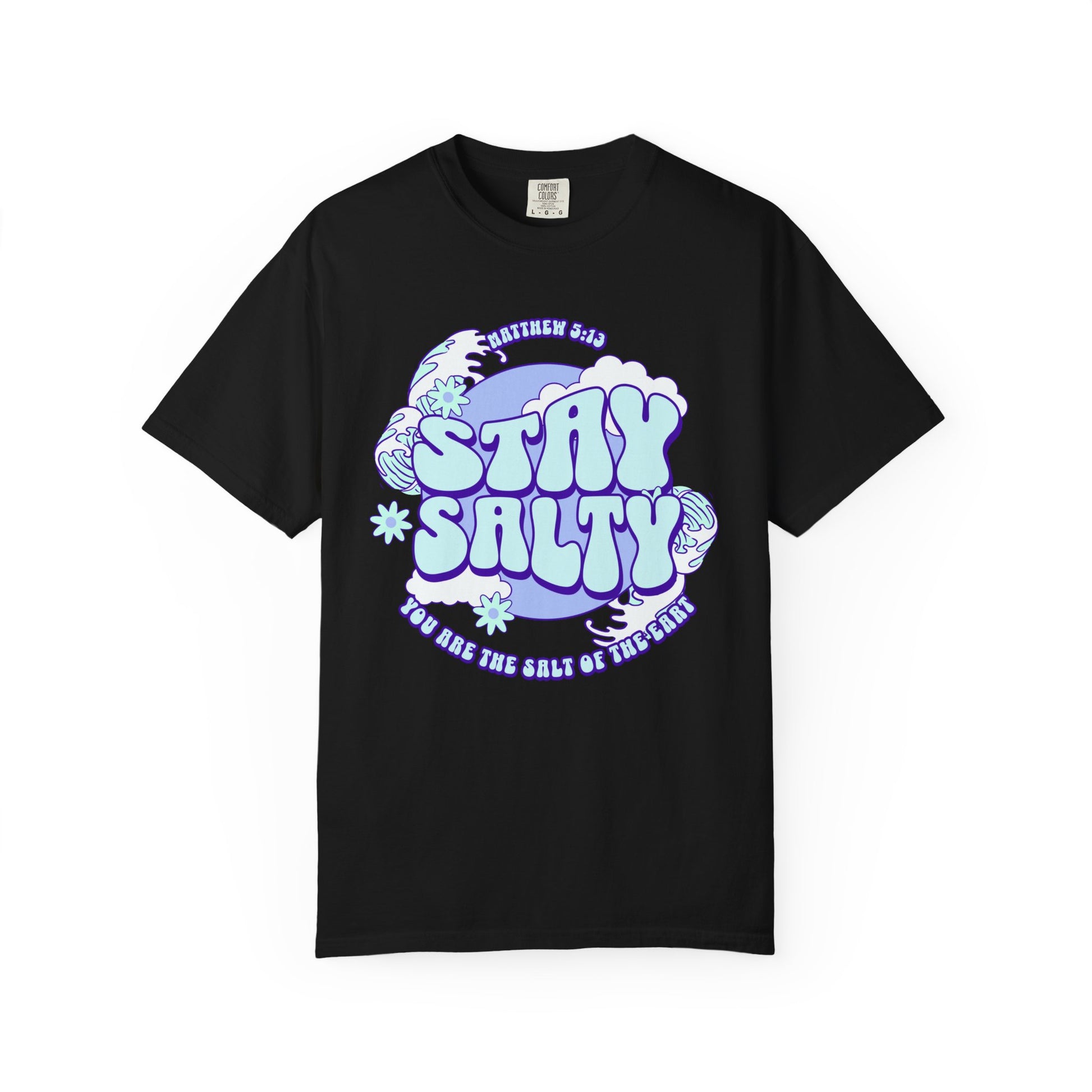 T-shirt with purple and mint green 'Stay Salty' text design featuring Matthew 5:13 scripture and retro styling