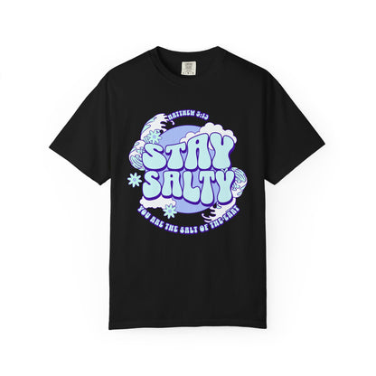 T-shirt with purple and mint green 'Stay Salty' text design featuring Matthew 5:13 scripture and retro styling
