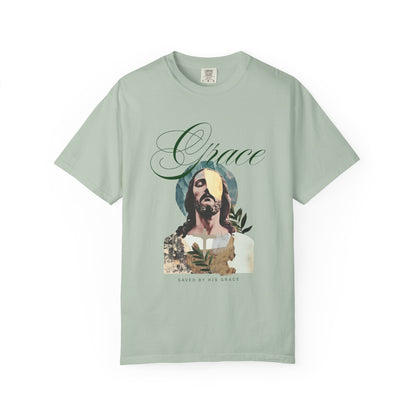 Christian t-shirt featuring artistic Jesus portrait with Grace text and cross design in vintage style