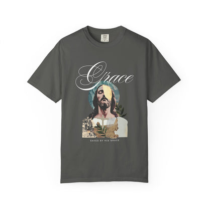 Christian t-shirt featuring artistic Jesus portrait with Grace text and cross design in vintage style