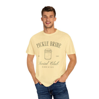 T-shirt with vintage pickle brine social club design featuring mason jar with pickle illustration
