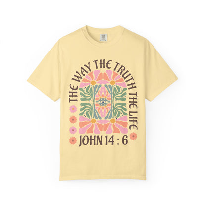 Christian t-shirt with John 14:6 verse and decorative floral mandala in pink, coral, and green