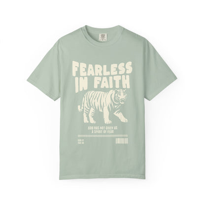 A t-shirt featuring 'Fearless In Faith' text design in elegant cream colored typography