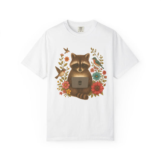 T-shirt with vintage-style raccoon illustration surrounded by colorful wildflowers and birds