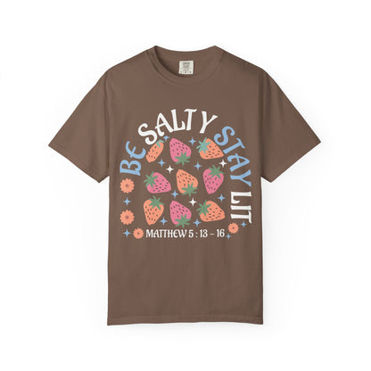 Be Salty t-shirt design with pink and orange strawberries, flowers, and Matthew 5:13-16 scripture