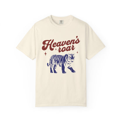 T-shirt with retro Heaven's roar text in red and blue tiger graphic design