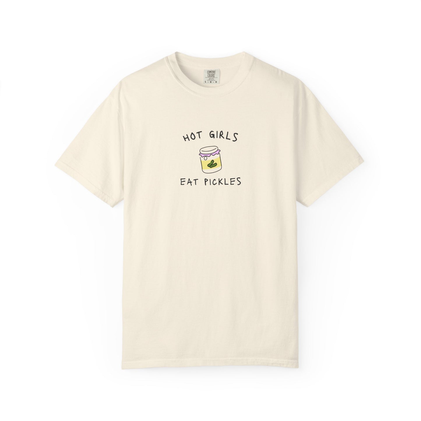 T-shirt with 'Hot Girls Eat Pickles' text and cute pickle jar illustration in pink and yellow