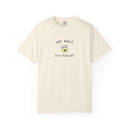 T-shirt with 'Hot Girls Eat Pickles' text and cute pickle jar illustration in pink and yellow