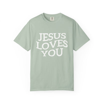 T-shirt with bold black text reading 'JESUS LOVES YOU' in large serif typography