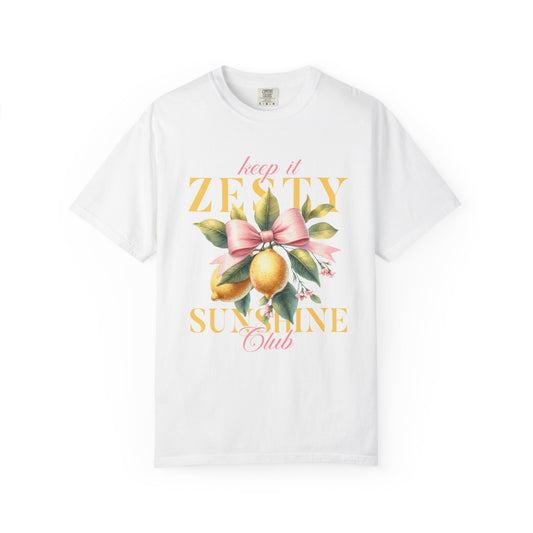 T-shirt with Keep It Zesty Sunshine Club text featuring watercolor lemons with pink bow and green leaves