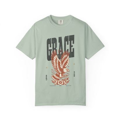 Christian t-shirt with vintage eagle design in orange and cream colors featuring Grace text and decorative elements