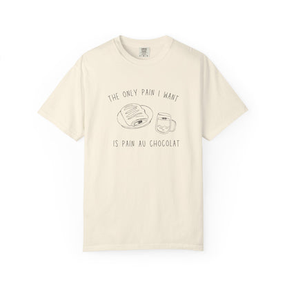 T-shirt with hand-drawn croissant and coffee cup illustration and funny baking text