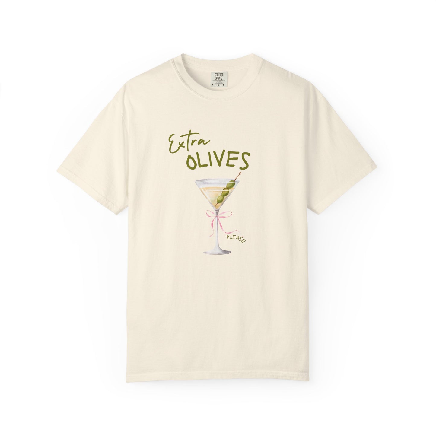 T-shirt design with martini glass, green olives, and pink bow saying Extra Olives Please