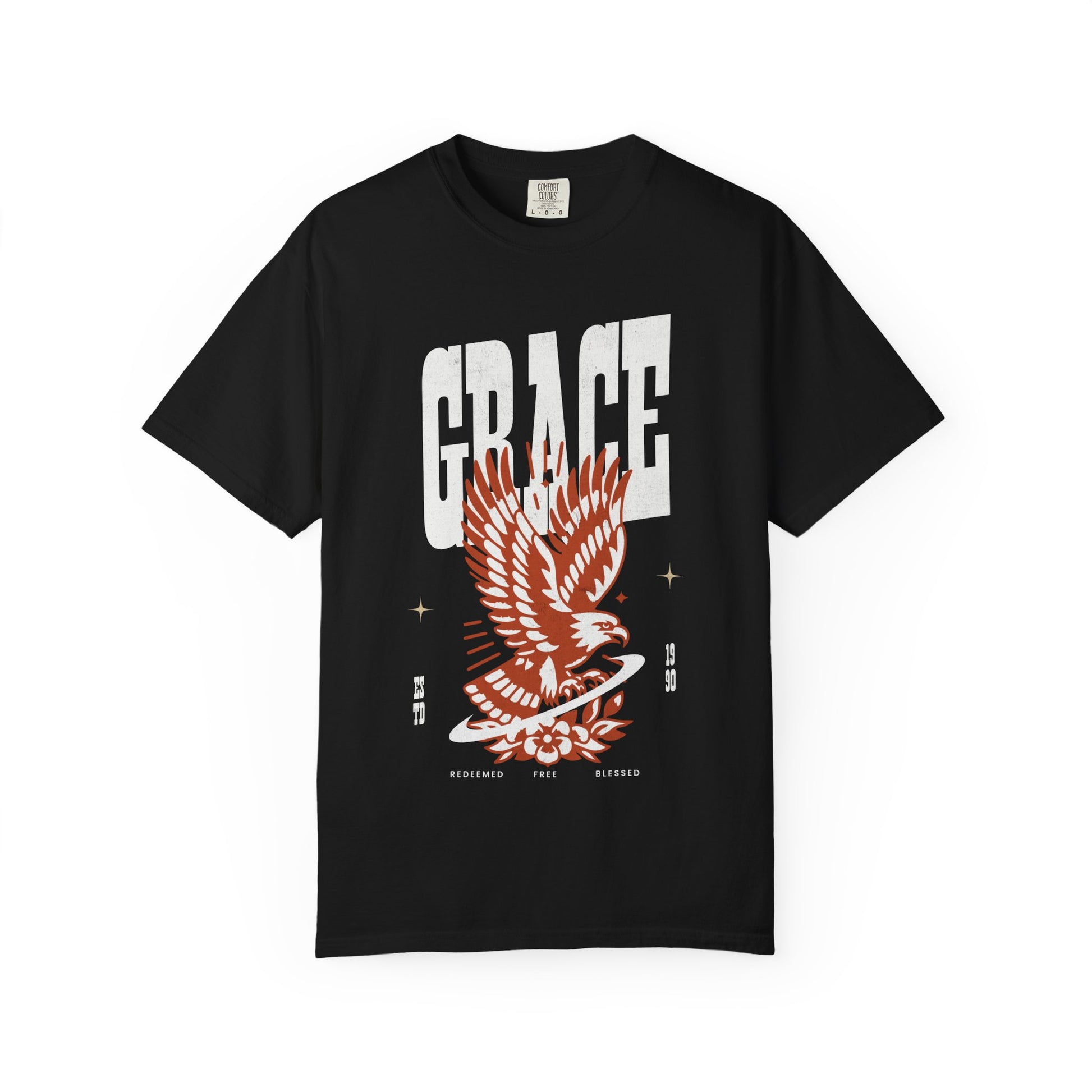 Christian t-shirt with vintage eagle design in orange and cream colors featuring Grace text and decorative elements