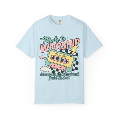 T-shirt with retro cassette tape design featuring 'Made to Worship' text and Psalm 150:6 scripture in pastel colors