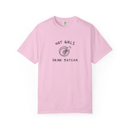T-shirt with 'Hot Girls Drink Matcha' text and hand-drawn matcha bowl with whisk illustration