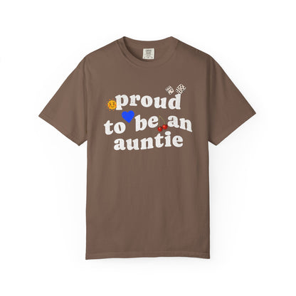 T-shirt with distressed text 'proud to be an auntie' featuring sun, heart, dice and cherries