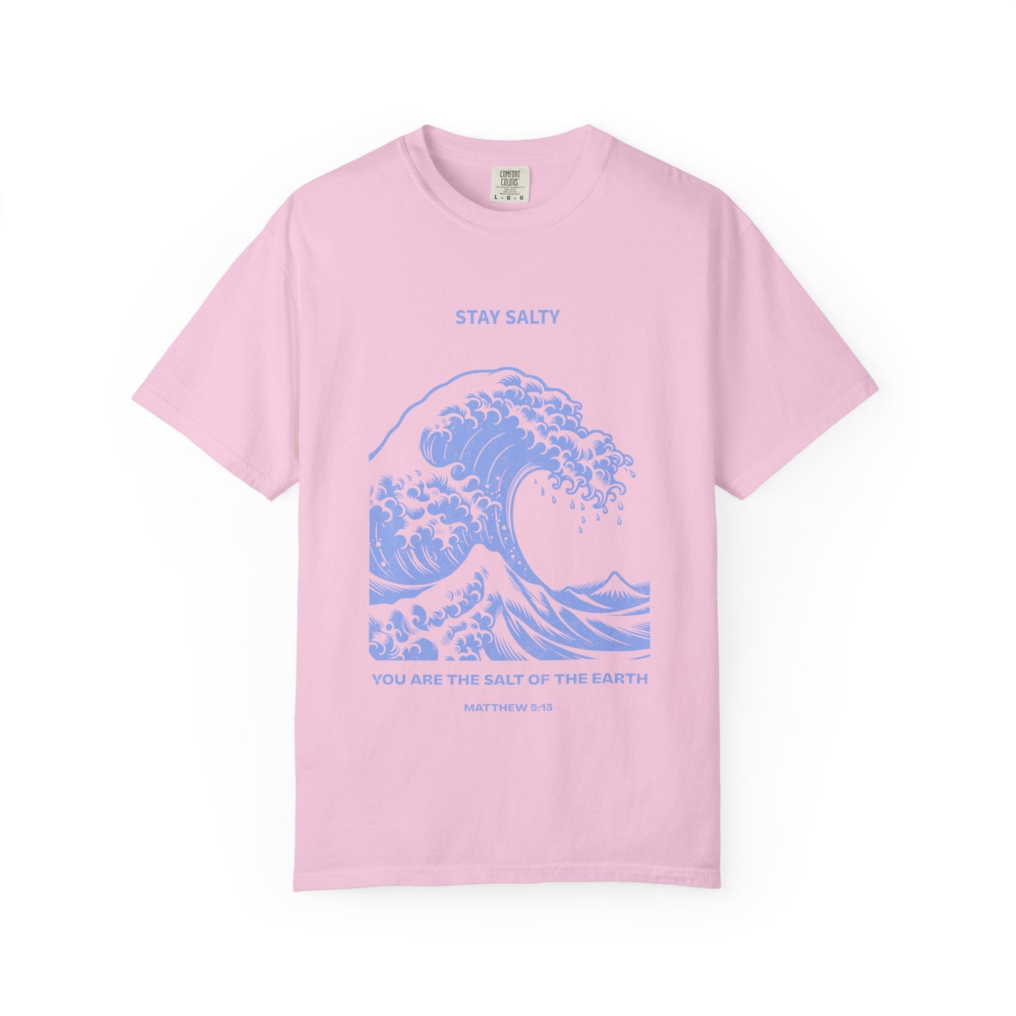 T-shirt with ocean wave design featuring Stay Salty text and Matthew 5:13 Bible verse
