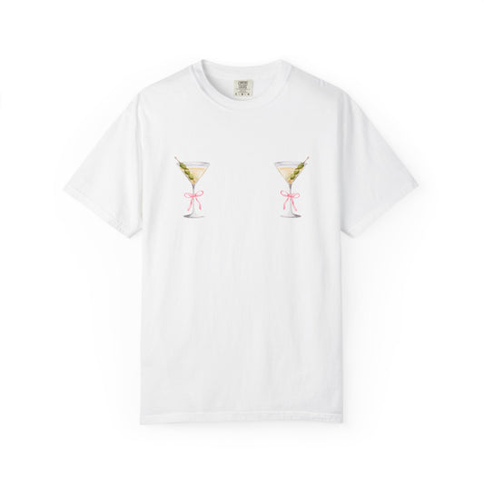 T-shirt design with two martini glasses containing olives and pink bow details creating a humorous cocktail theme