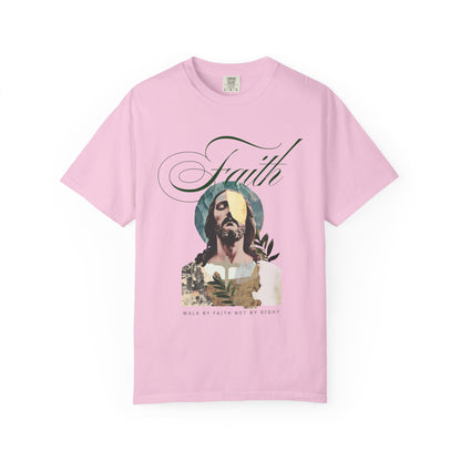 Jesus t-shirt with artistic collage design featuring Christ's face and Walk By Faith Not By Sight text